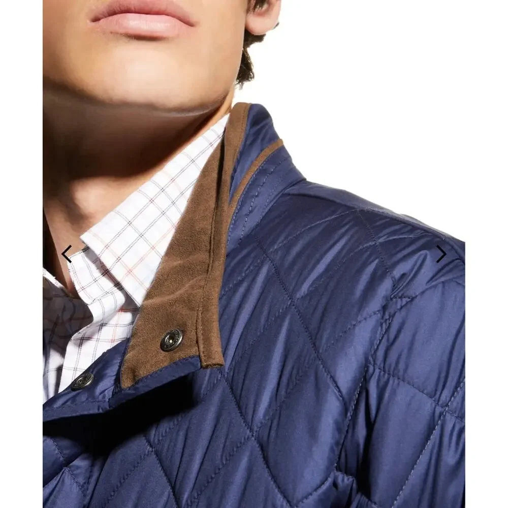 Peter Millar Suffolk Quilted Travel Coat XXL Navy Suede Trim Quiet Luxury